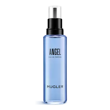 Blue Angel Mugler eau de parfum refill bottle with black pump on a white background