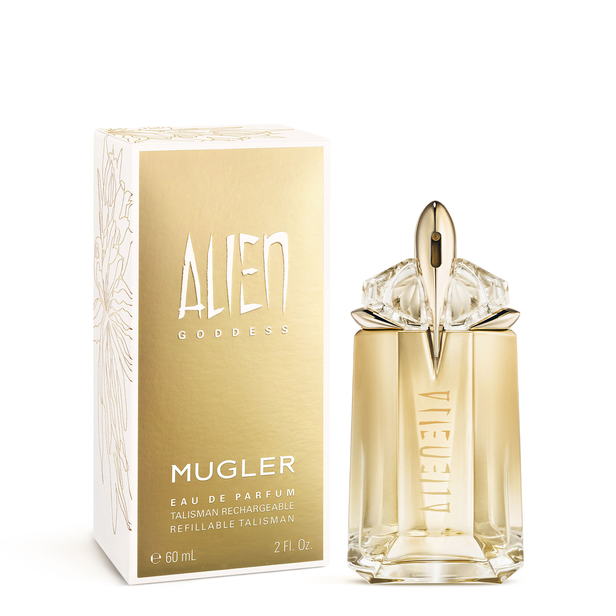 Alien Goddess perfume bottle beside its gold and white box