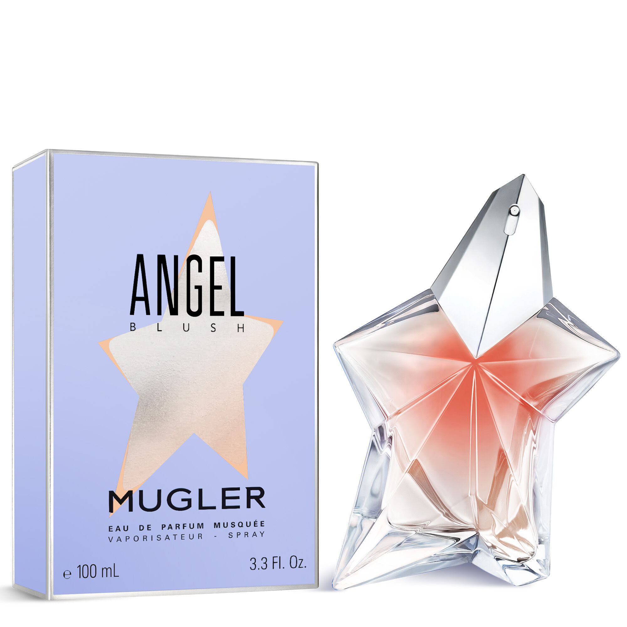 The Mugler Angel Blush star bottle 100 ml, featuring a nude heart and a shimmering silver cap, next to the Angel Blush box on a white background.