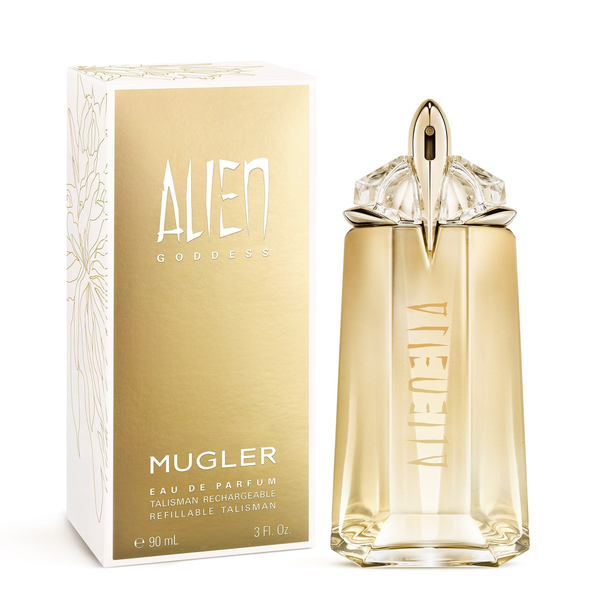 Alien Goddess perfume bottle beside its gold and white box