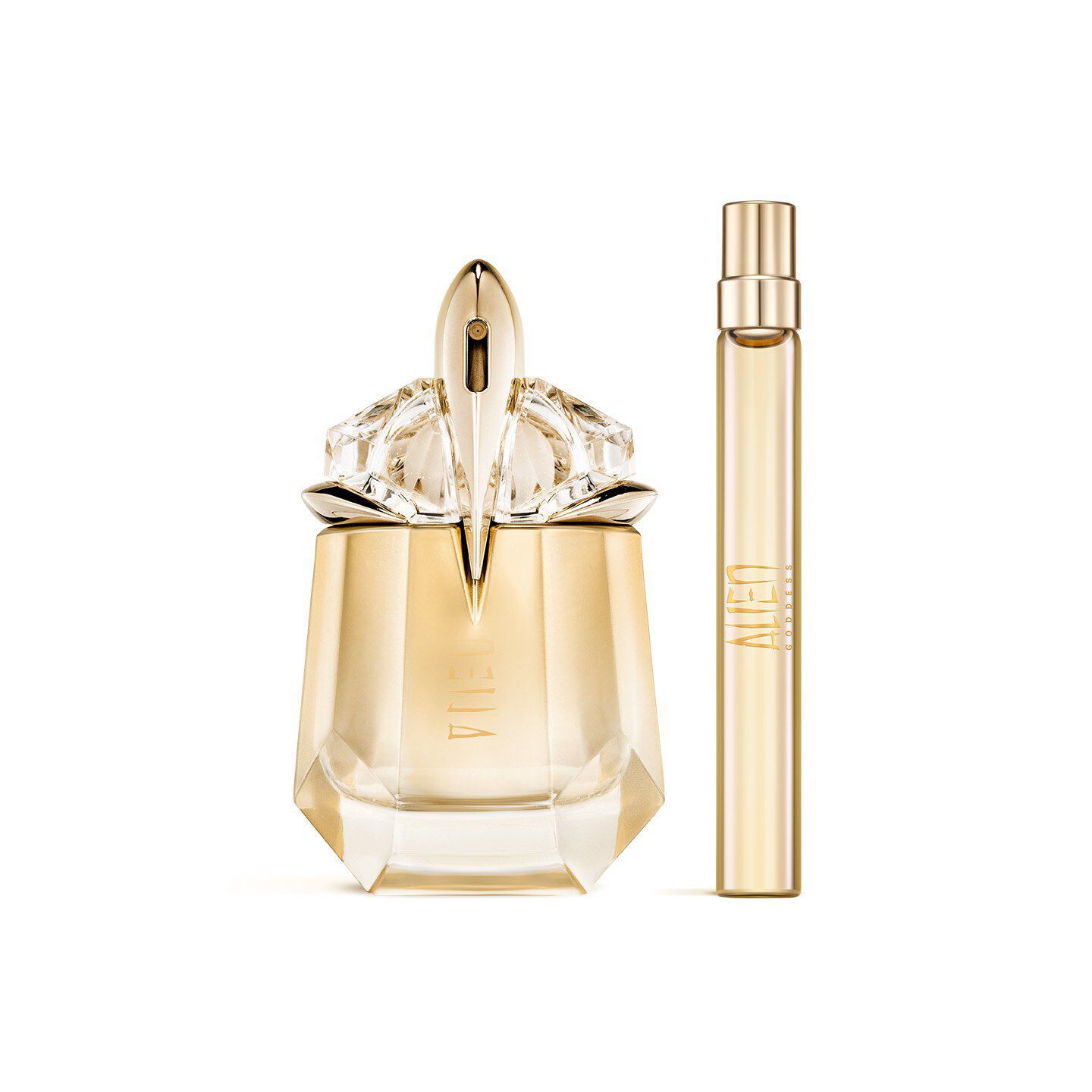 Mugler Alien Goddess Eau de Parfum gift set for Mother's Day 2026, including a 30ml refillable talisman bottle and a 10ml refill travel spray