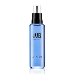 A*Men Eau de Toilette blue refill bottle with black spray cap on white background.