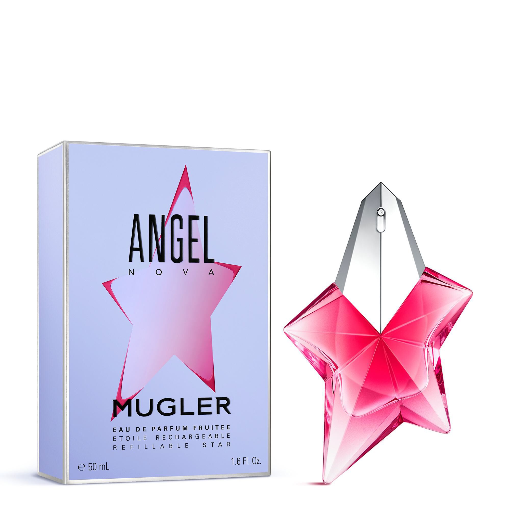 Angel Nova Mugler box beside pink star-shaped perfume bottle on a light gray background