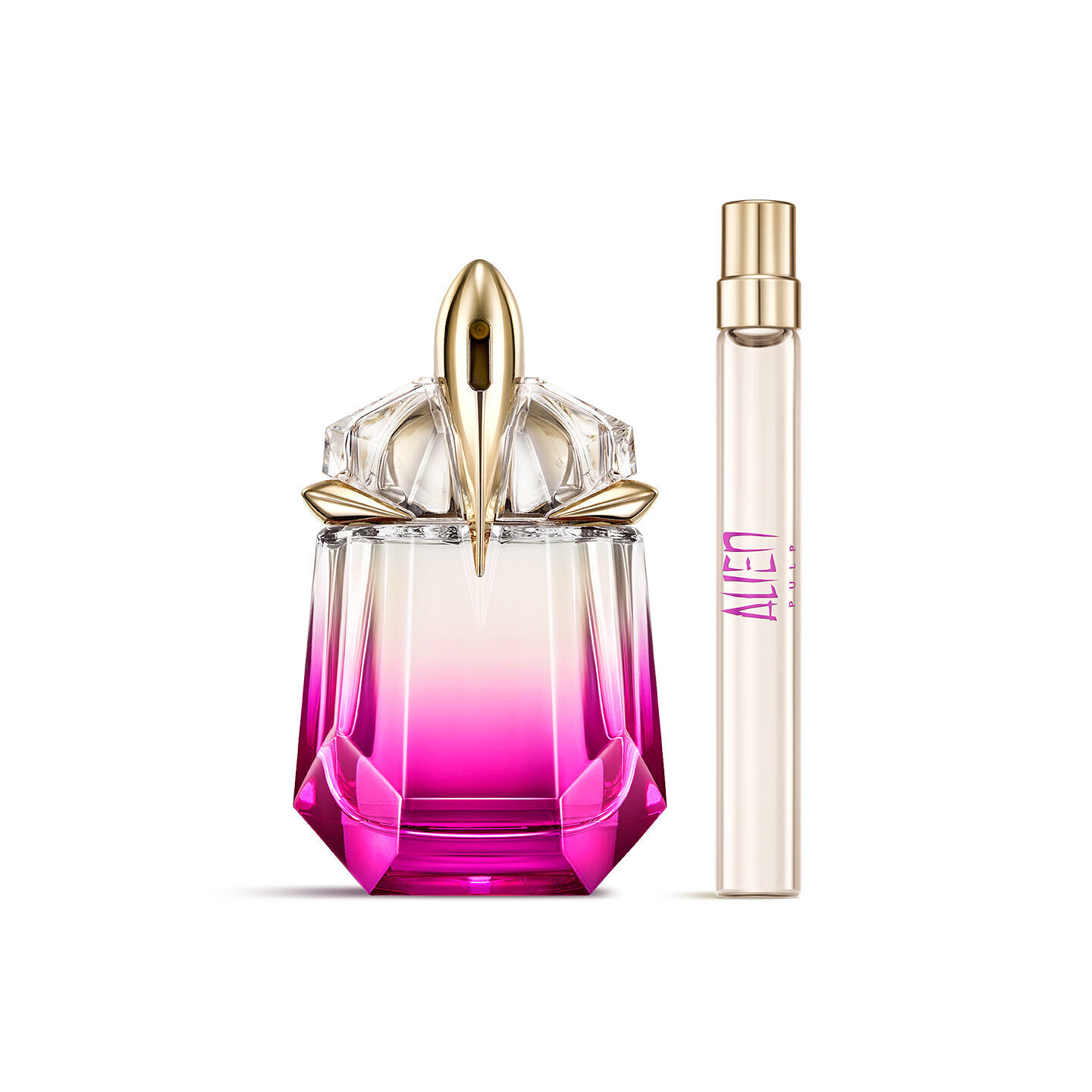 Mugler Alien Pulp Eau de Parfum featuring the signature vibrant pink gradient talisman bottle and a matching travel spray.