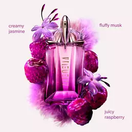mugler alien pulp eau de Parfum bottle featuring fragrance notes of juicy raspberry, jasmine, musk and cashmeran wood