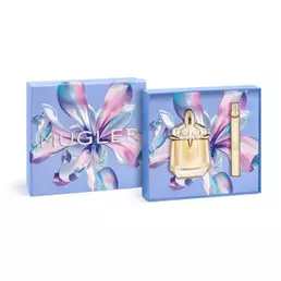 Mugler Alien Goddess Eau de Parfum gift set for Mother's Day 2026, including a 30ml refillable talisman bottle and a 10ml refill travel spray in a luxury purple gift box.