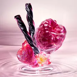 Starlicious Berry Licorice still life: slender pink glass bottle with strawberry, raspberry, pink flower and black licorice sticks on a soft pink rippling water background.