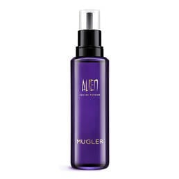 Mugler Alien perfume refill bottle with black pump on a white background​