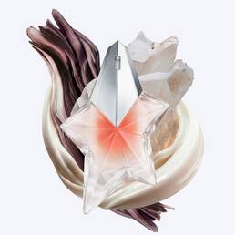 The Angel Blush star bottle surrounded by creamy almond milk swirls, textured sandalwood, and radiant musks, illustrating the fragrance's key olfactory notes.