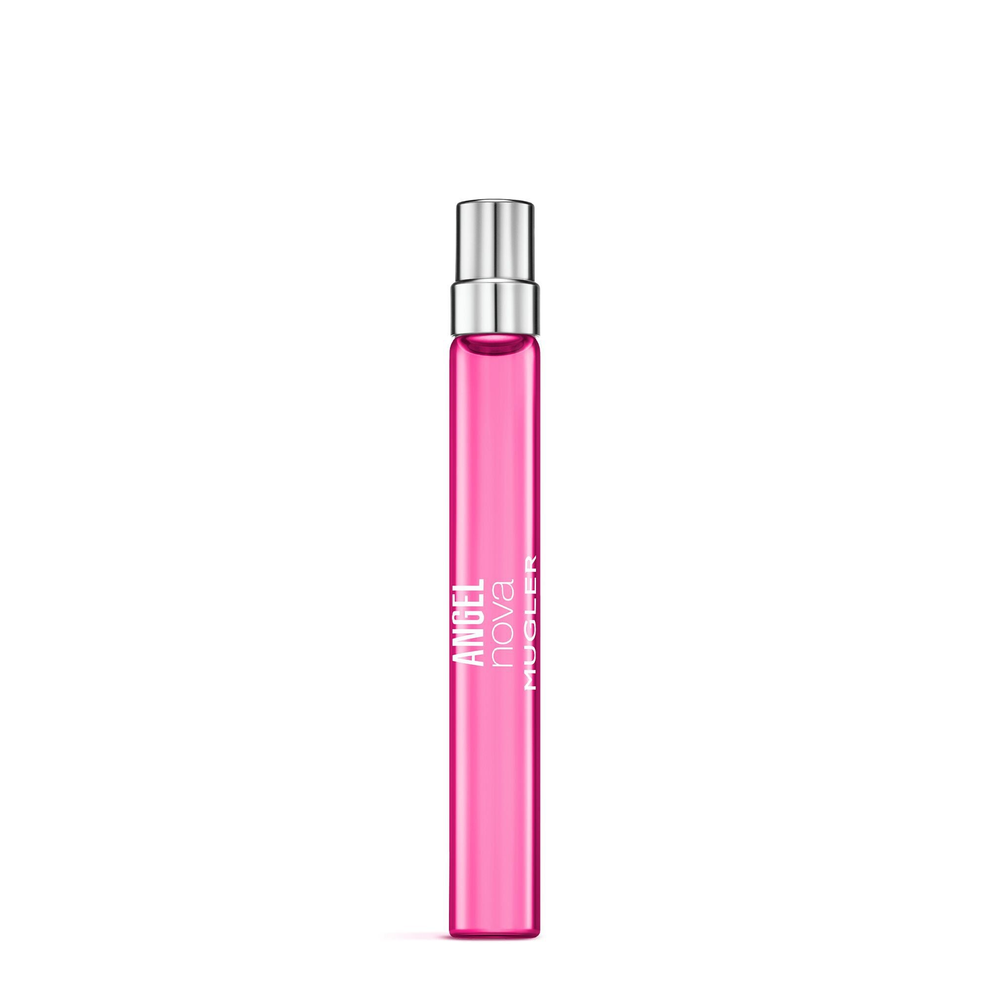 Pink star-shaped Angel Nova Mugler perfume bottle with silver cap on a light gray background