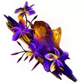 Macro composition of deep purple jasmine flowers and amber crystals, representing the mysterious solar notes of the original Alien Eau de Parfum.
