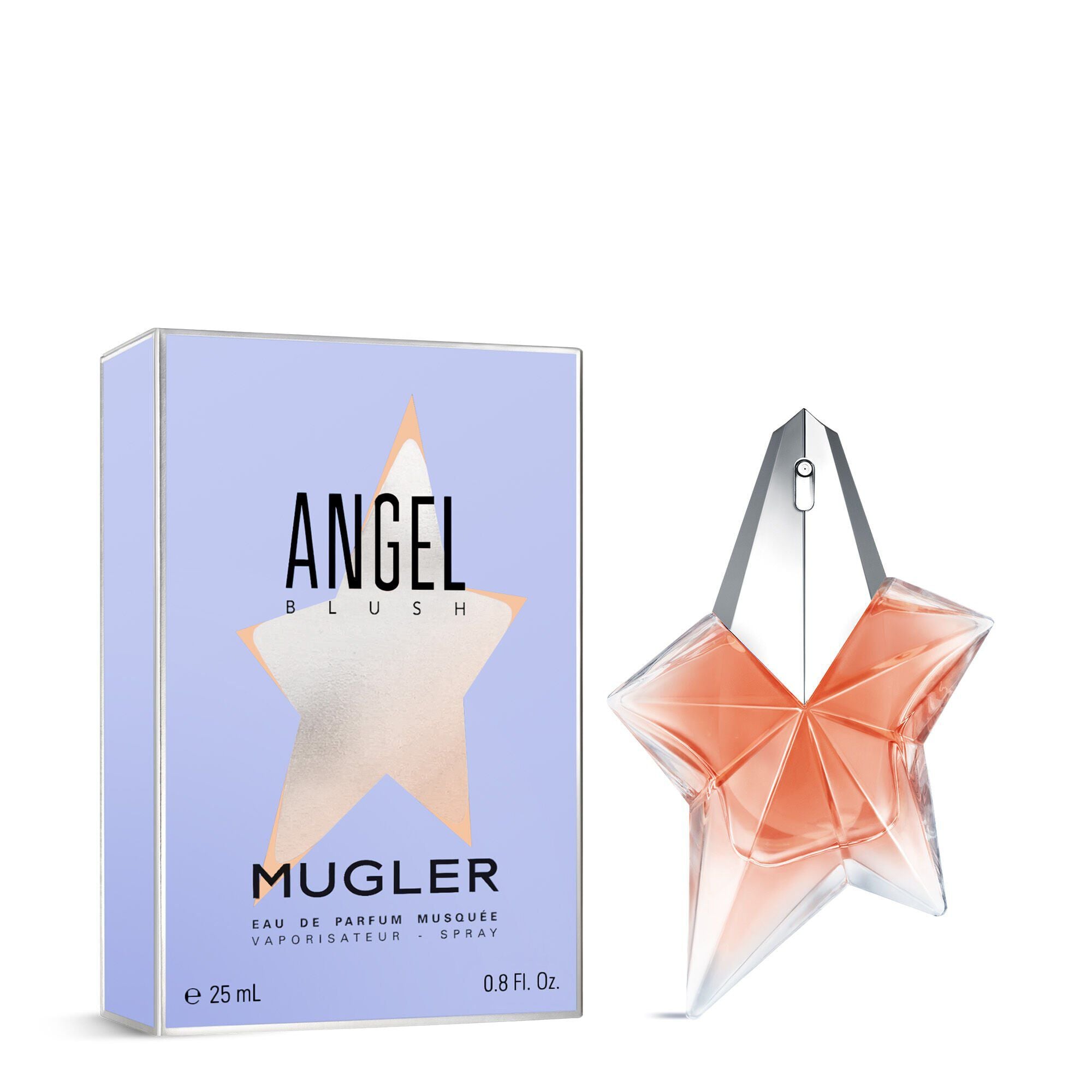 The Mugler Angel Blush star bottle 25 ml, featuring a nude heart and a shimmering silver cap, next to the Angel Blush box on a white background.