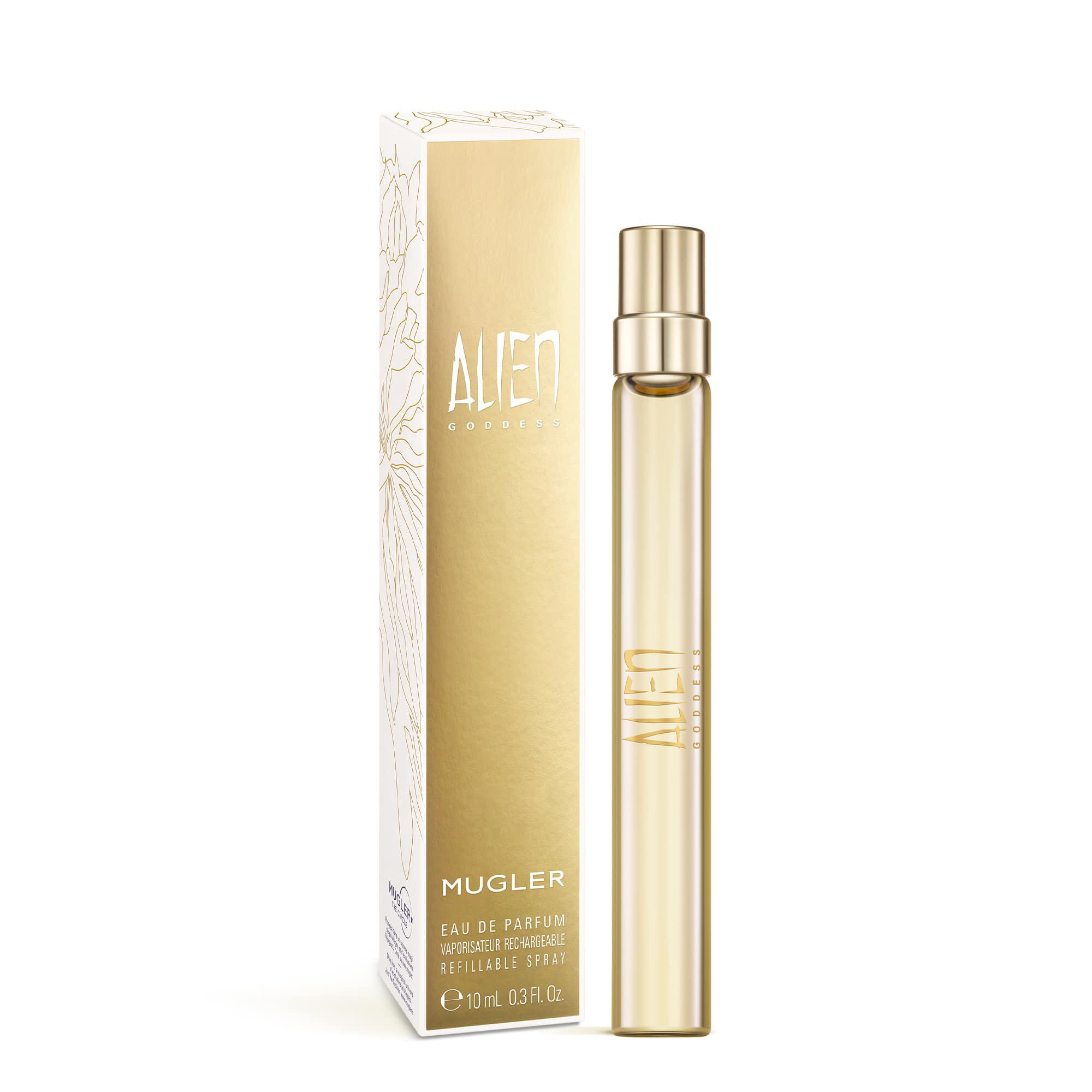 Alien Goddess perfume bottle beside its gold and white box