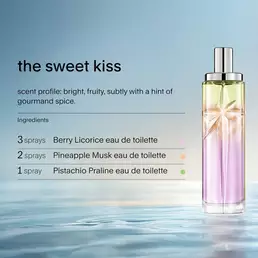 Sweet Kiss Starlicious layering recipe: tall bottle with lavender, amber and light green gradient on water against a soft blue background. Bright, fruity scent with a hint of gourmand spice; 3 sprays Berry Licorice, 2 Pineapple Musk, 1 Pistachio Praline.