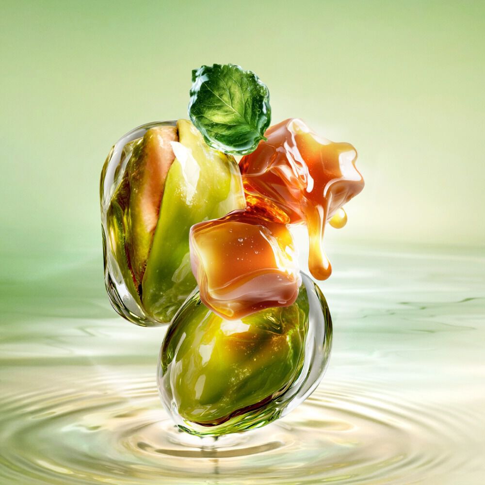 New Starlicious Pistachio Praline still life image featuring the slender bottle surrounded by its key ingredients: a patchouli leaf, whole pistachios, and dripping caramel cubes, all set against a luminous green rippling water background.