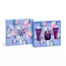Mugler Alien Eau de Parfum gift set for Mother's Day 2026, including a 30ml refillable talisman bottle with a matching body lotion, and a shower gel in a luxury purple gift box.