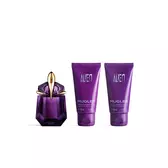 Mugler Alien Eau de Parfum ritual gift set featuring the iconic 60ml purple talisman bottle, a matching body lotion, and a shower gel.