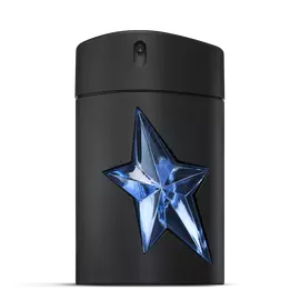 Black A*Men Mugler bottle with blue star on light gray background