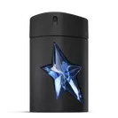 Black A*Men Mugler bottle with blue star on light gray background