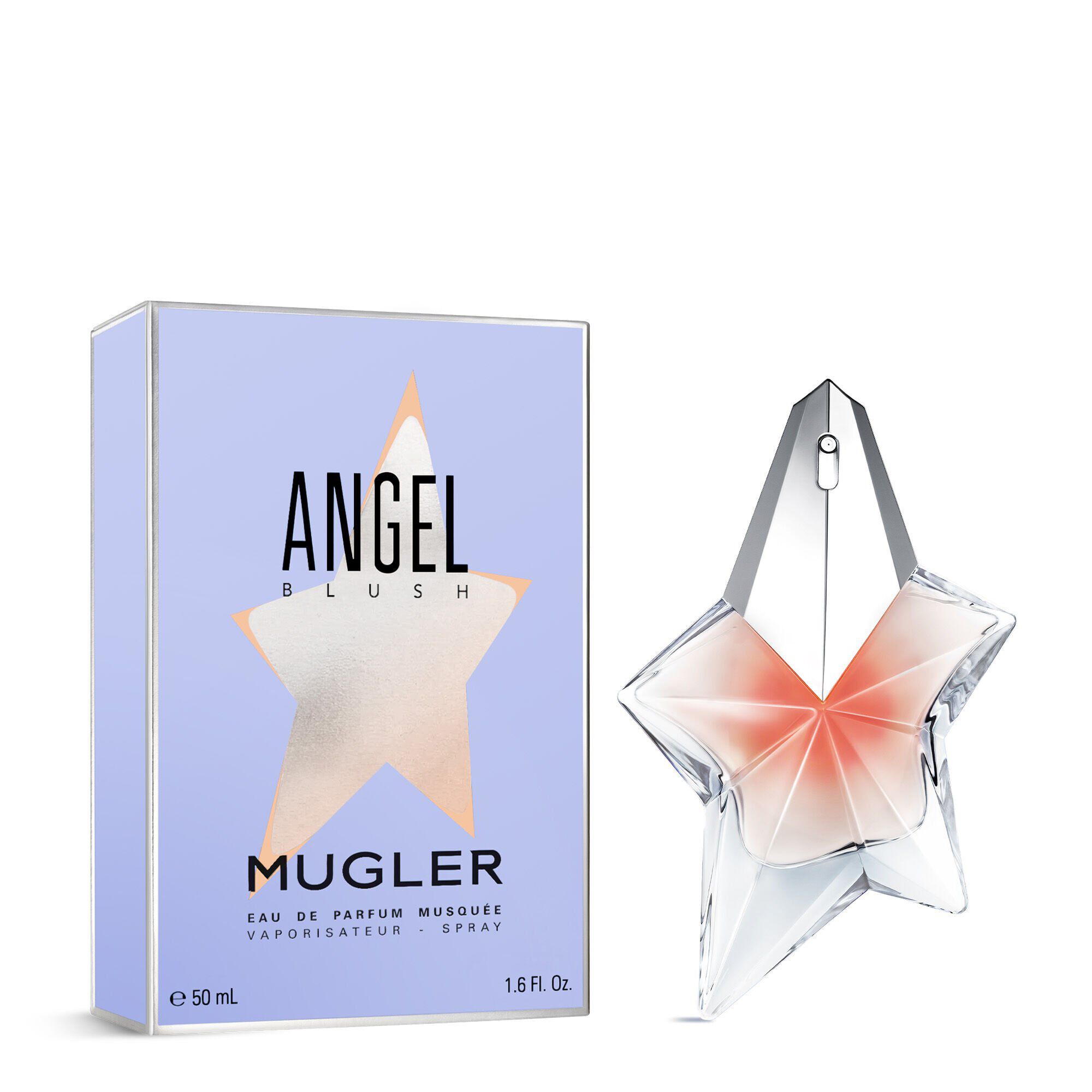 The Mugler Angel Blush star bottle 50 ml, featuring a nude heart and a shimmering silver cap, next to the Angel Blush box on a white background.