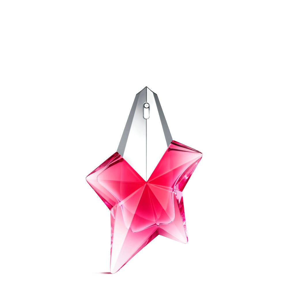 Pink star-shaped Angel Nova Mugler perfume bottle with silver cap on a light gray background