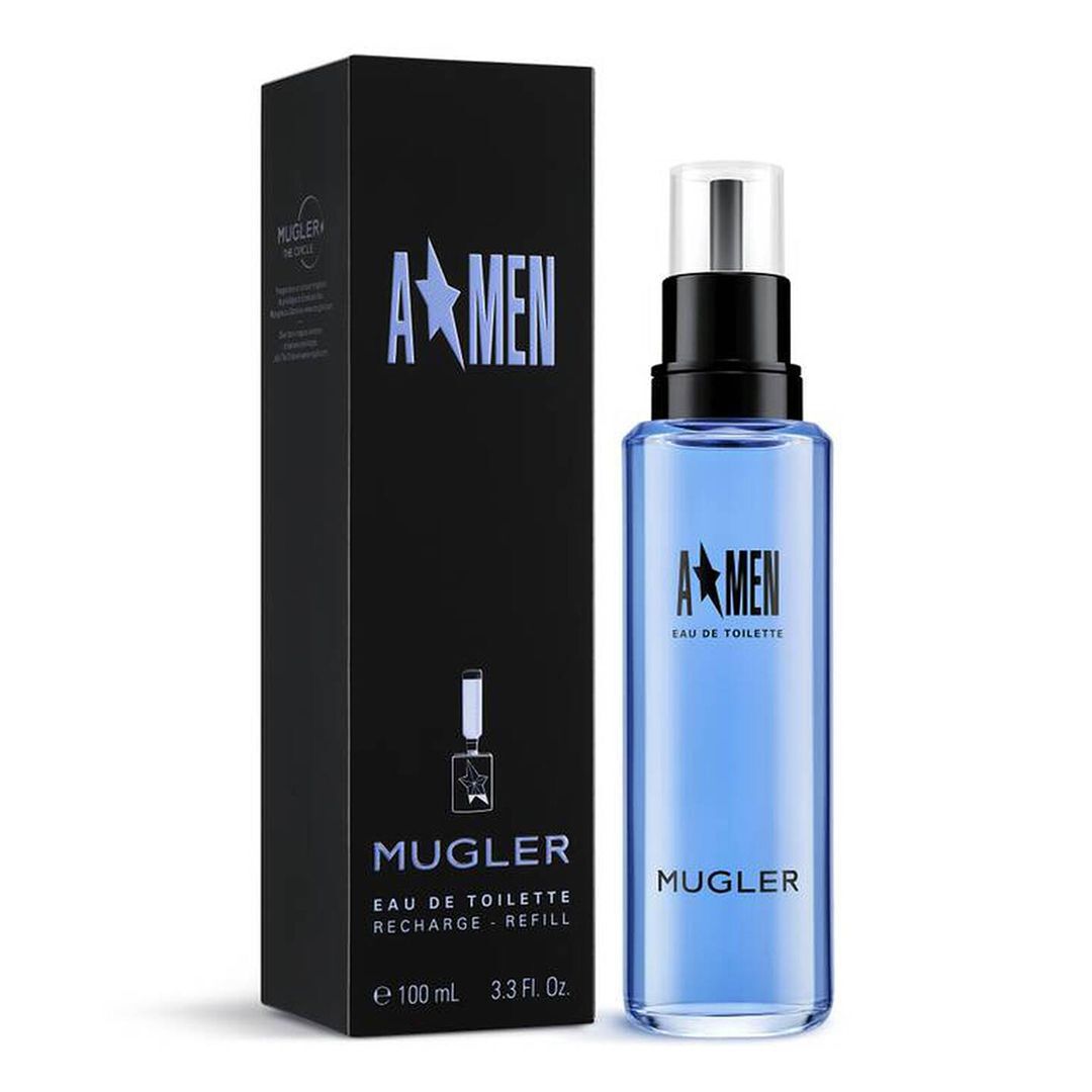 A*Men Eau de Toilette black packaging box beside blue refill spray bottle on white background.