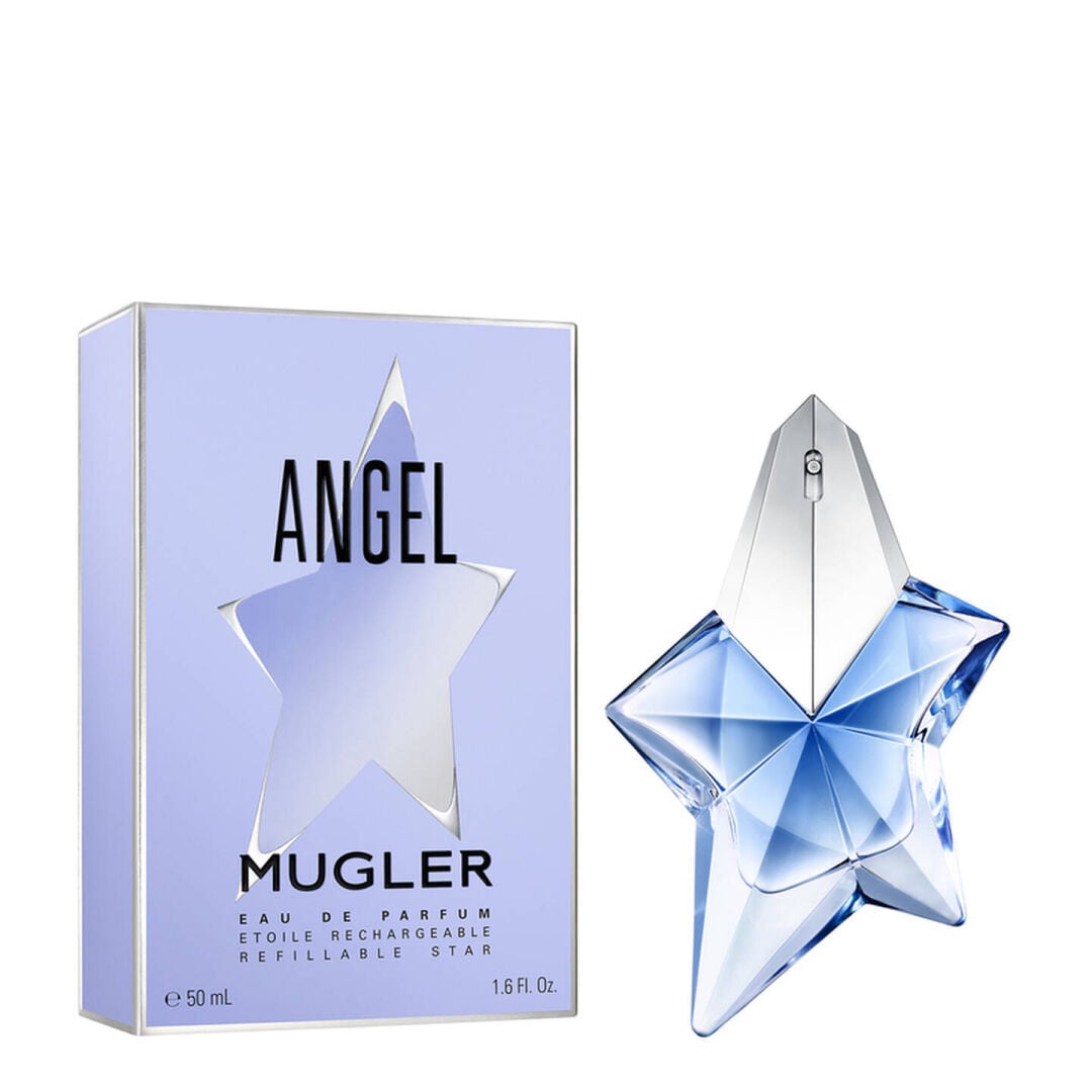 Angel Mugler eau de parfum box beside blue star-shaped perfume bottle on light gray background