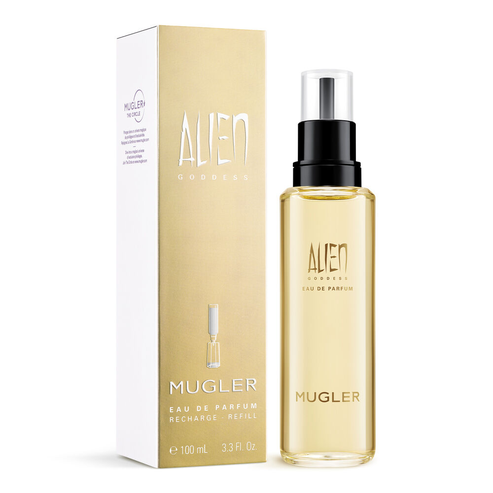 Alien Goddess perfume bottle beside its gold and white box