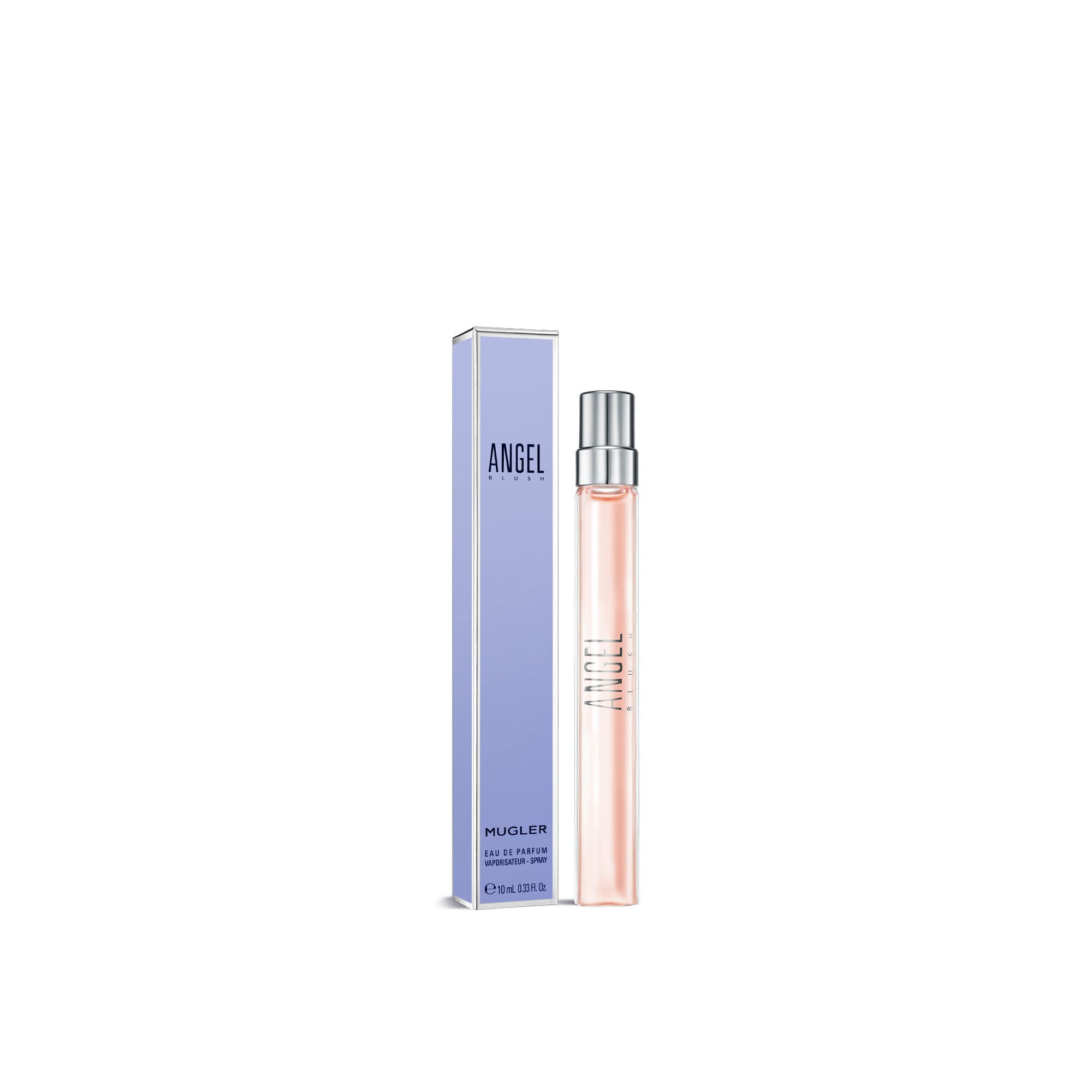 Mugler Angel Blush Eau de Parfum 10 ml travel spray next to its Angel Blush box on a white background.