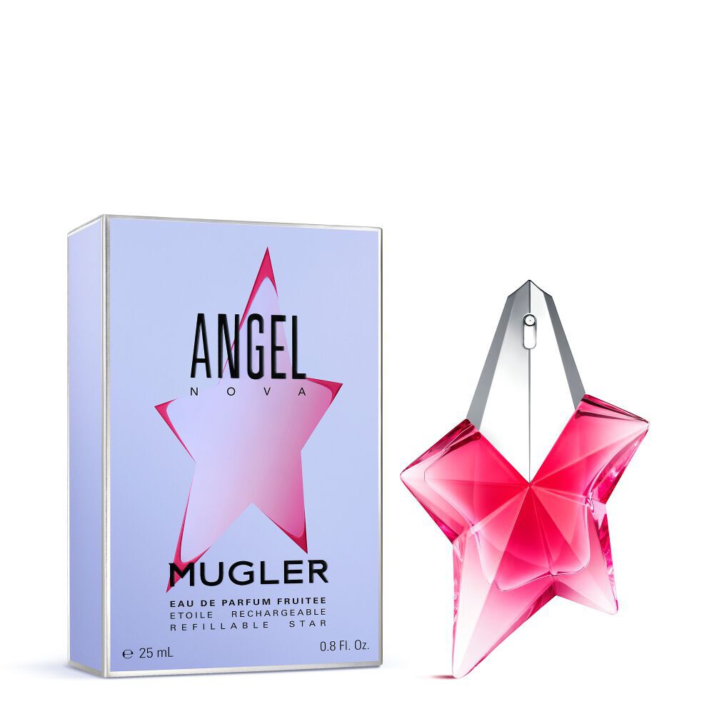 Angel Nova Mugler box beside pink star-shaped perfume bottle on a light gray background