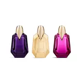 Mugler Alien Discovery Gift Set featuring three 6ml miniatures: the purple Alien EDP, the golden Alien Goddess, and the pink Alien Pulp talisman bottles.