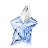 Blue star-shaped Angel Mugler perfume bottle with silver cap on a light gray background