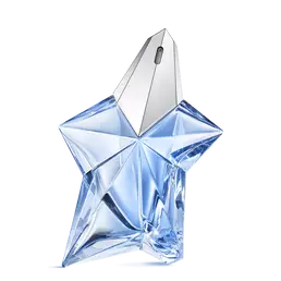 Blue star-shaped Angel Mugler perfume bottle with silver cap on a light gray background