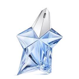 Blue star-shaped Angel Mugler perfume bottle with silver cap on a light gray background