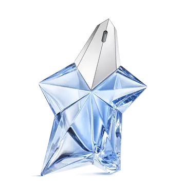 Blue star-shaped Angel Mugler perfume bottle with silver cap on a light gray background