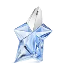 Blue star-shaped Angel Mugler perfume bottle with silver cap on a light gray background