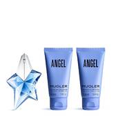 Mugler Angel Eau de Parfum ritual set for Mother's Day 2026, including a 25ml refillable blue star bottle, a 50ml body lotion, and a 50ml shower gel.