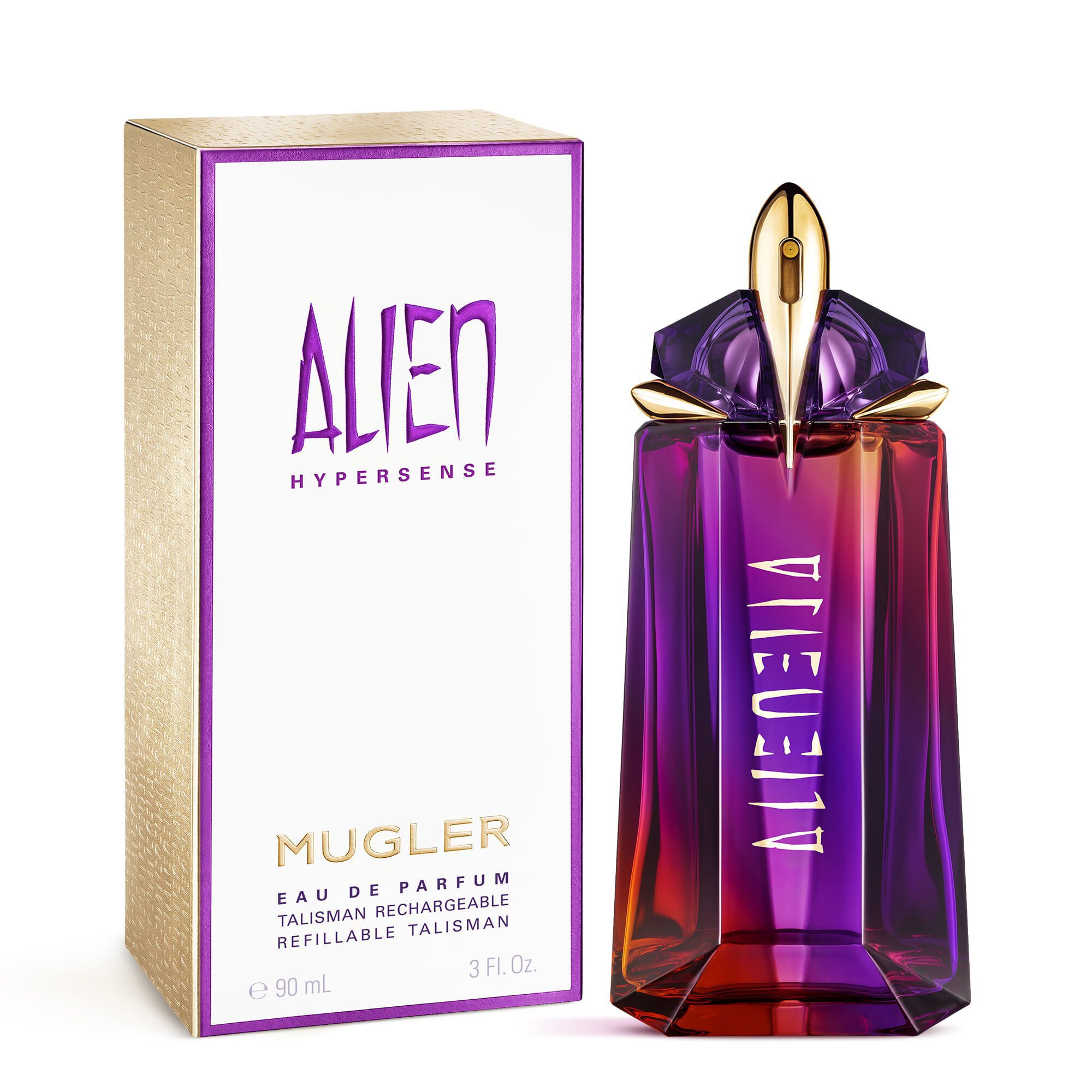 Alien Hypersense perfume bottle beside matching box on white background