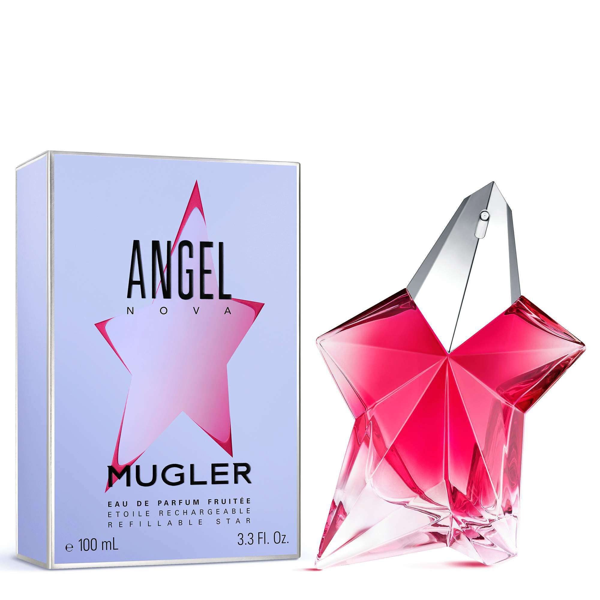 Angel Nova Mugler box beside pink star-shaped perfume bottle on a light gray background