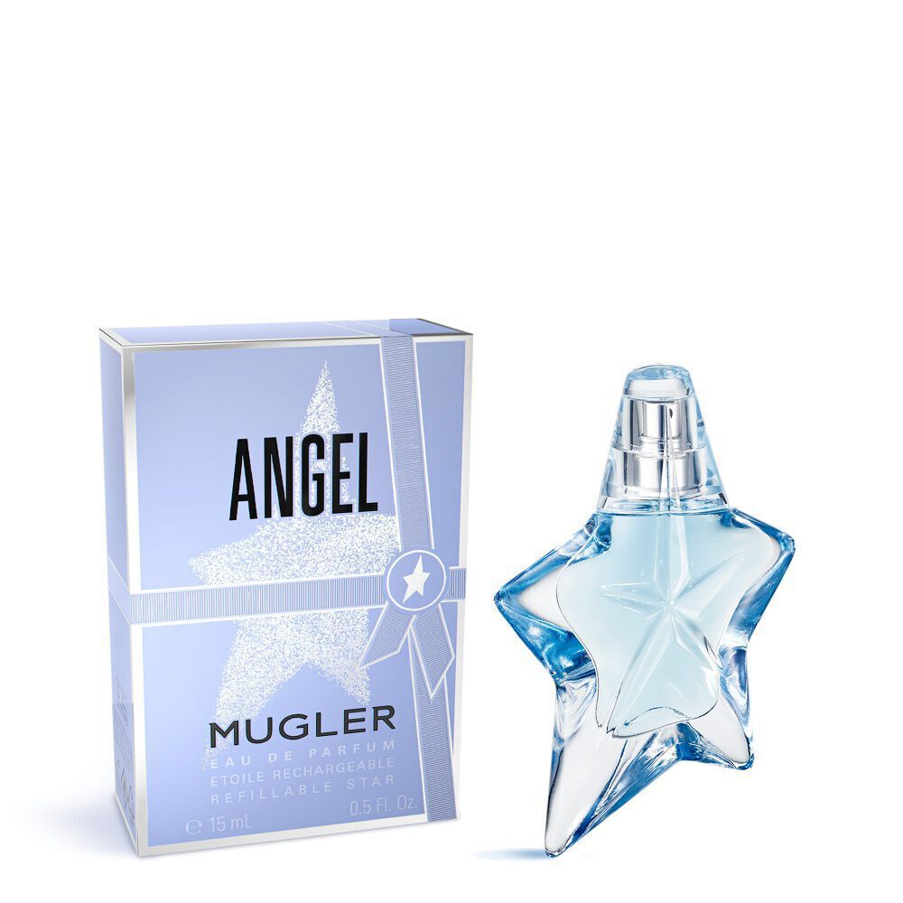 Angel Mugler eau de parfum box beside blue star-shaped perfume bottle on light gray background
