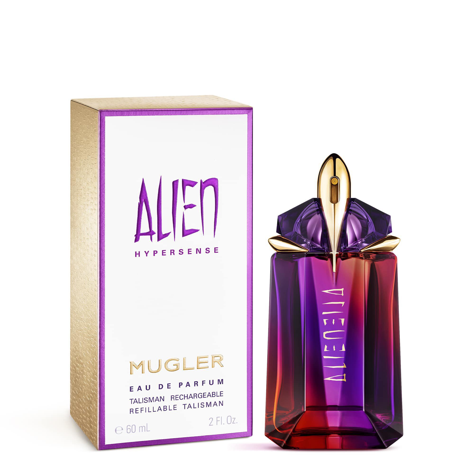 Alien Hypersense perfume bottle beside matching box on white background
