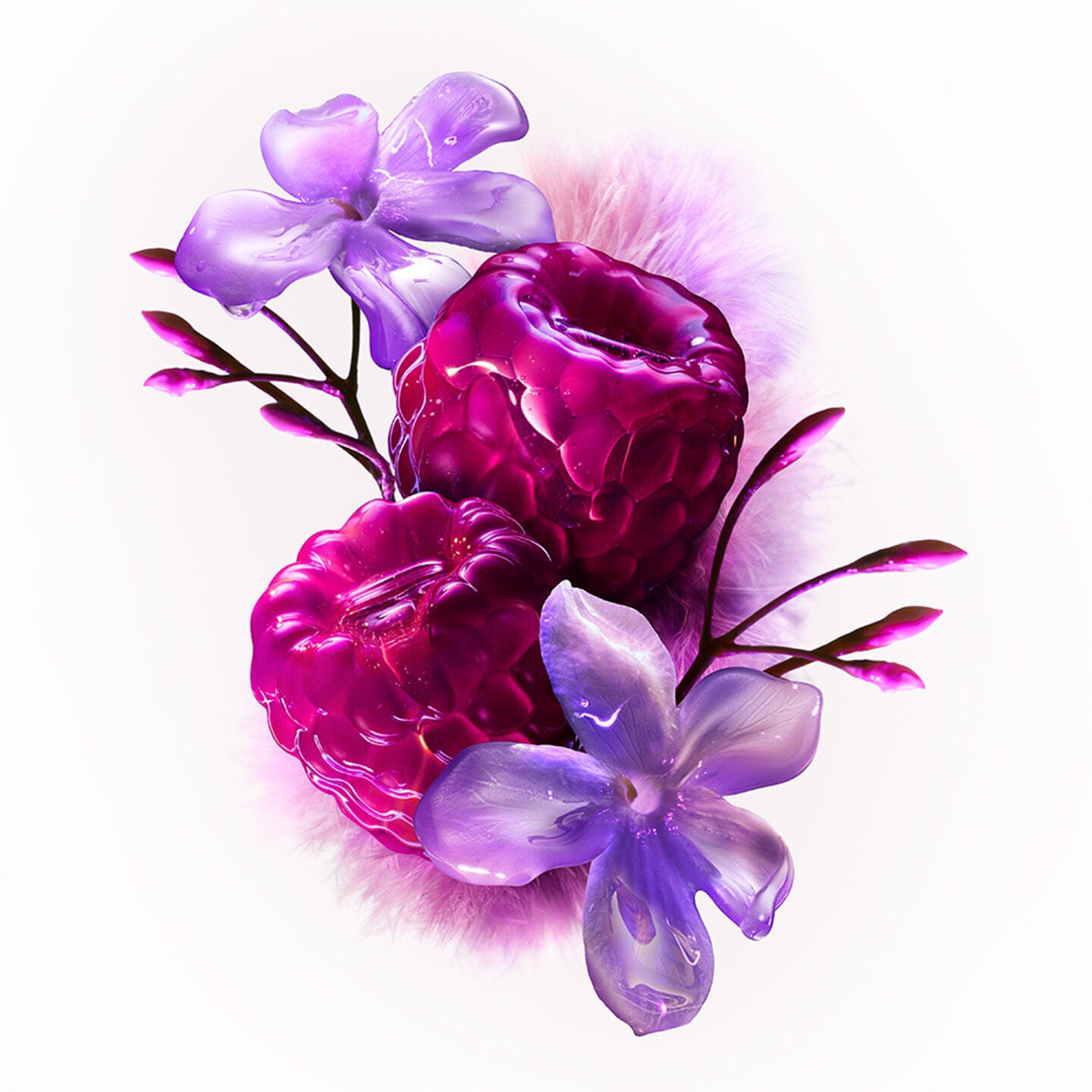 Vibrant pink succulent florals and jasmine blossoms, illustrating the bold and sensory 'pulp' ingredients of Alien Pulp Eau de Parfum.