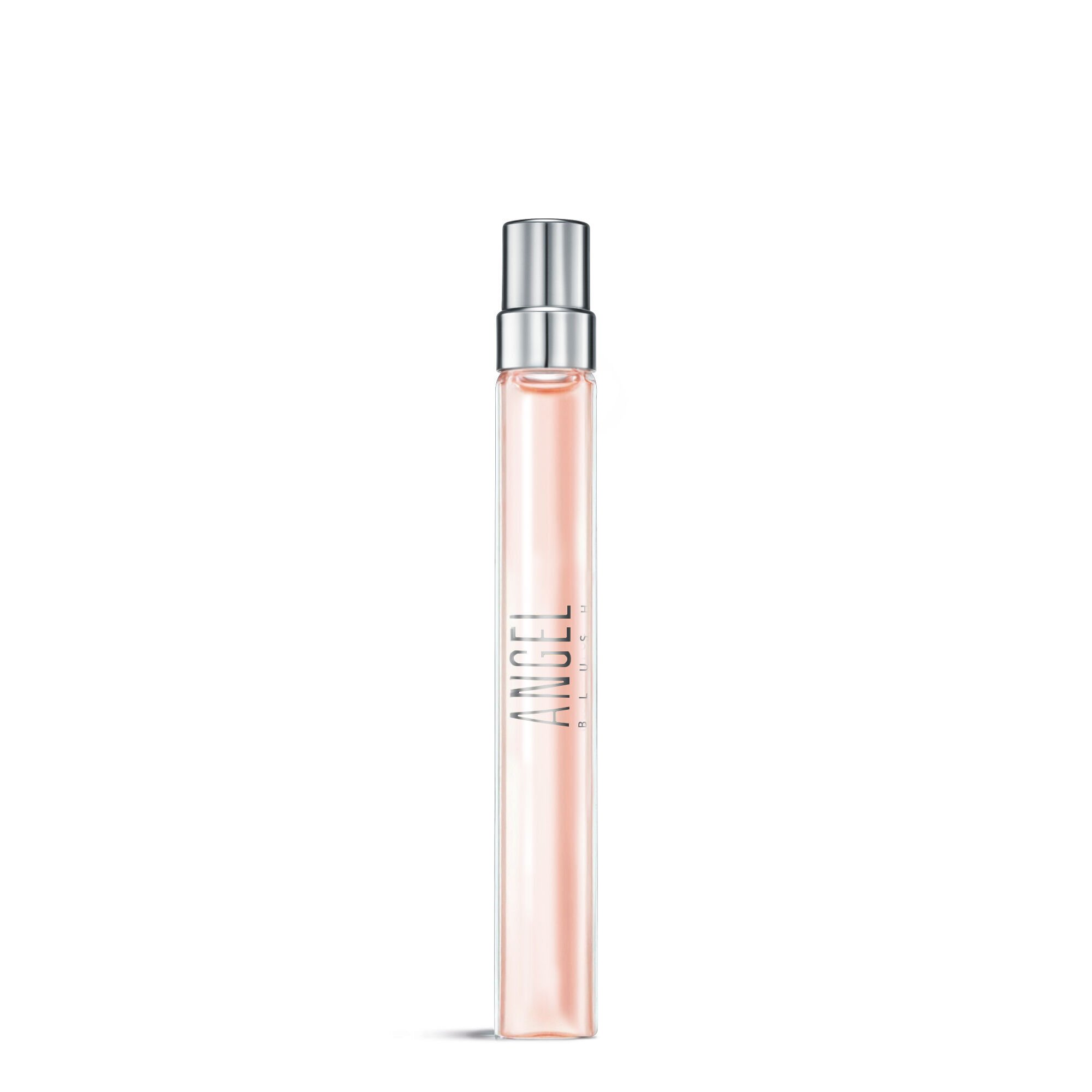 Mugler Angel Blush Eau de Parfum 10 ml travel spray in a slim glass tube with blush‑pink fragrance and silver cap on a white background.