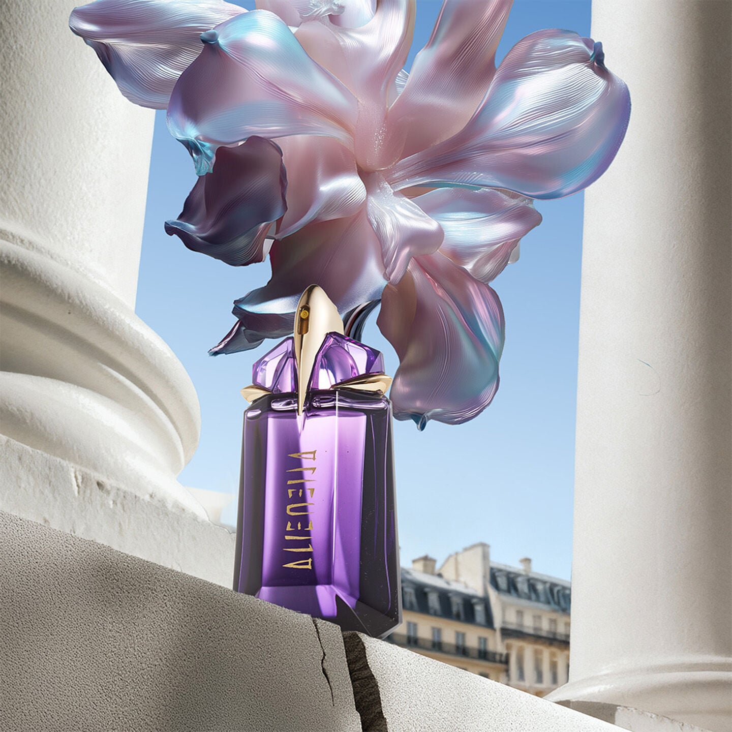 The Alien Pulp talisman bottle displayed between classical white pillars, accented by iridescent surrealist flowers and a bright sky.