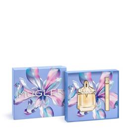 Mugler Alien Goddess Eau de Parfum gift set for Mother's Day 2026, including a 30ml refillable talisman bottle and a 10ml refill travel spray in a luxury purple gift box.