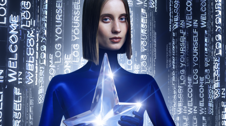 A model holding a bottle of Mugler Angel Eau De Parfum