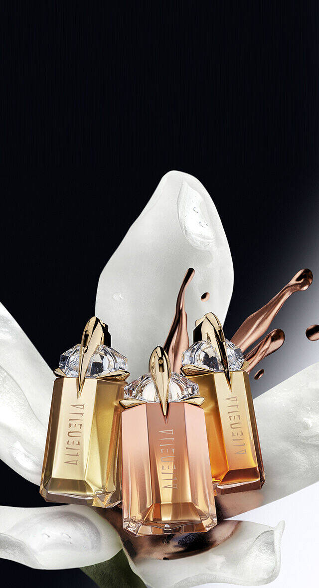 Mugler Alien Goddess, Alien Goddess Supre Florale, and Alien Goddess Intense Eau de Parfum with a decorative metallic and floral background