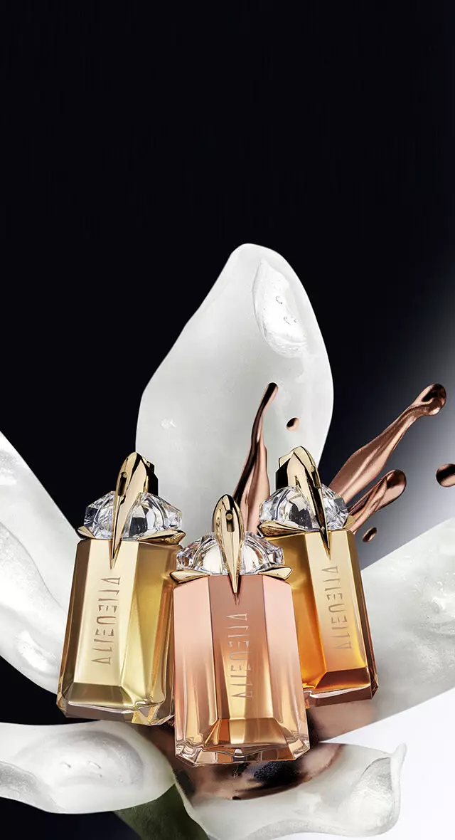 Mugler Alien Goddess, Alien Goddess Supre Florale, and Alien Goddess Intense Eau de Parfum with a decorative metallic and floral background