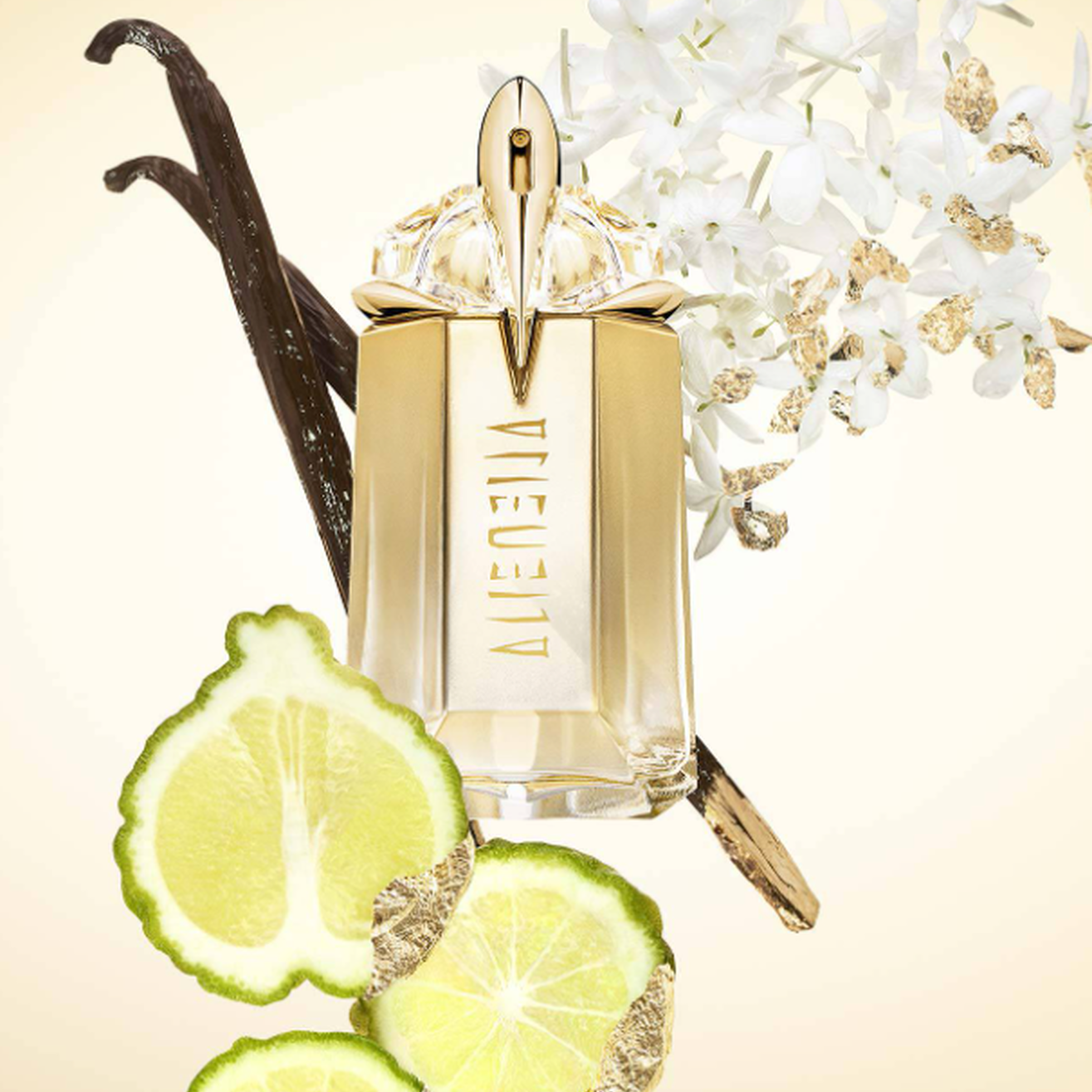Mugler Alien Goddess Eau De Parfum surrounded by vanilla, jasmine, and bergamot