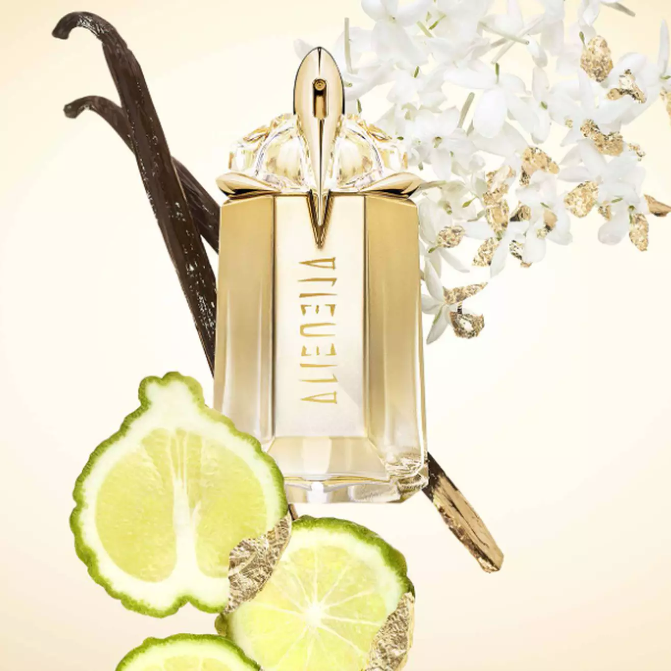 Mugler Alien Goddess Eau De Parfum surrounded by vanilla, jasmine, and bergamot